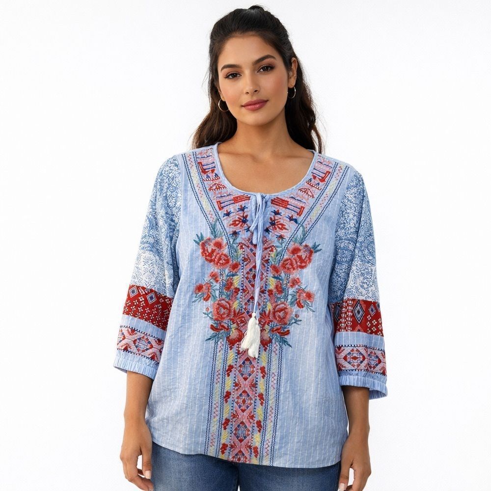 Calessa Shirt Womens Small Blue Embroidered Boho Peasant Tunic Top 3/4 Sleeve